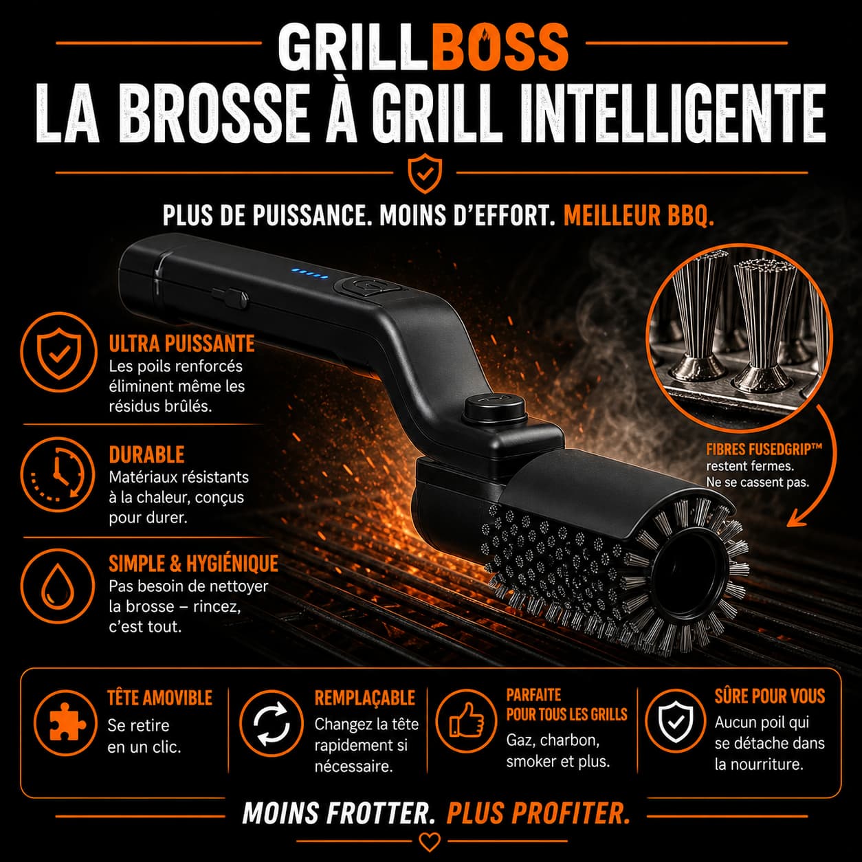 Brosse rotative. Graisse éliminée en secondes.